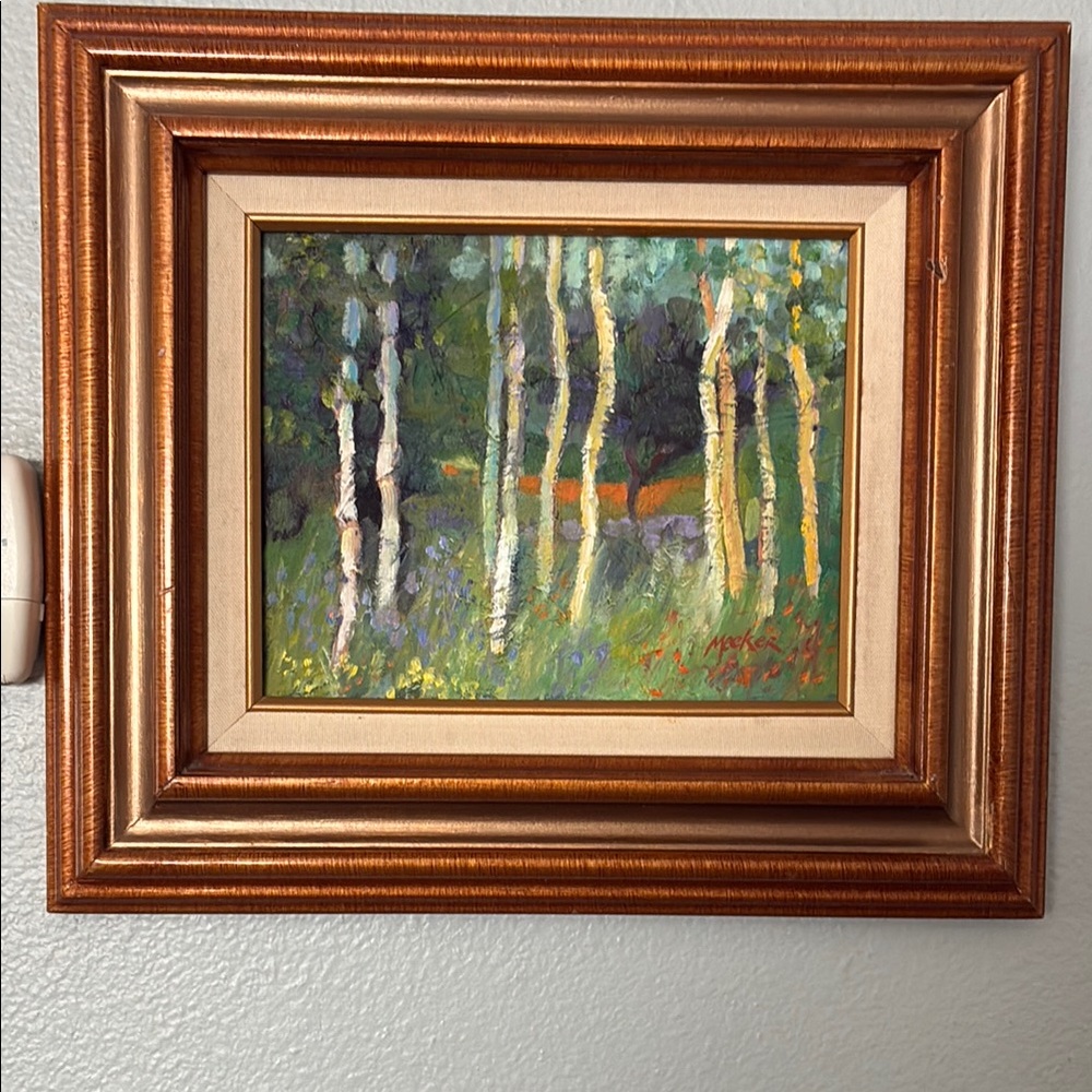 Original oil painting of unknown artist, Green and Brown Birch Forest Painting